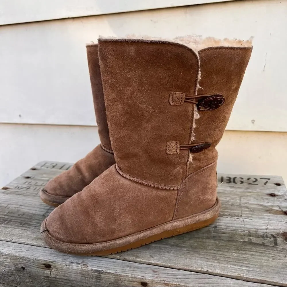 BearPaw Lori Tan Toggle suede shearling winter boots Size 2 YOUTH